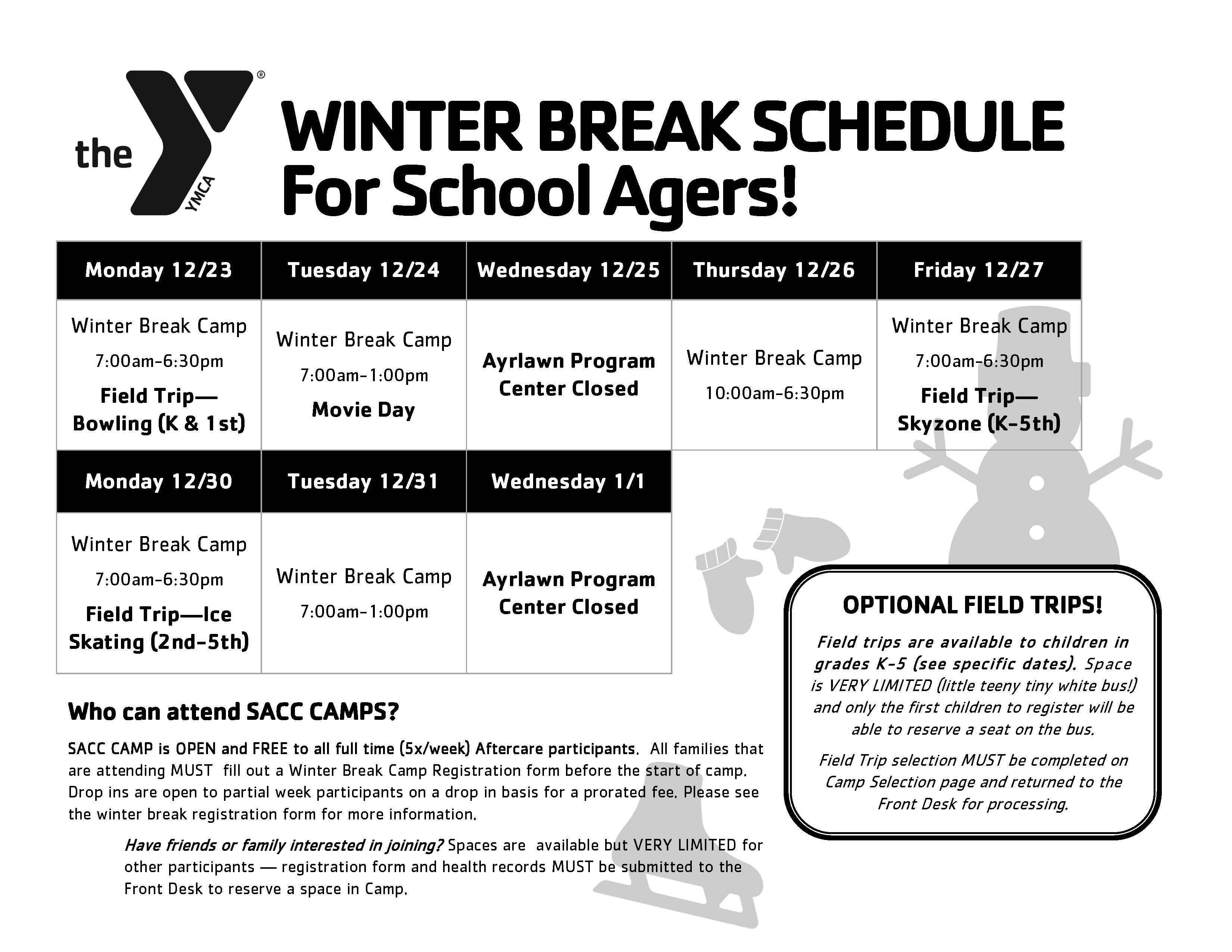 Winter Break Schedule YMCA DC