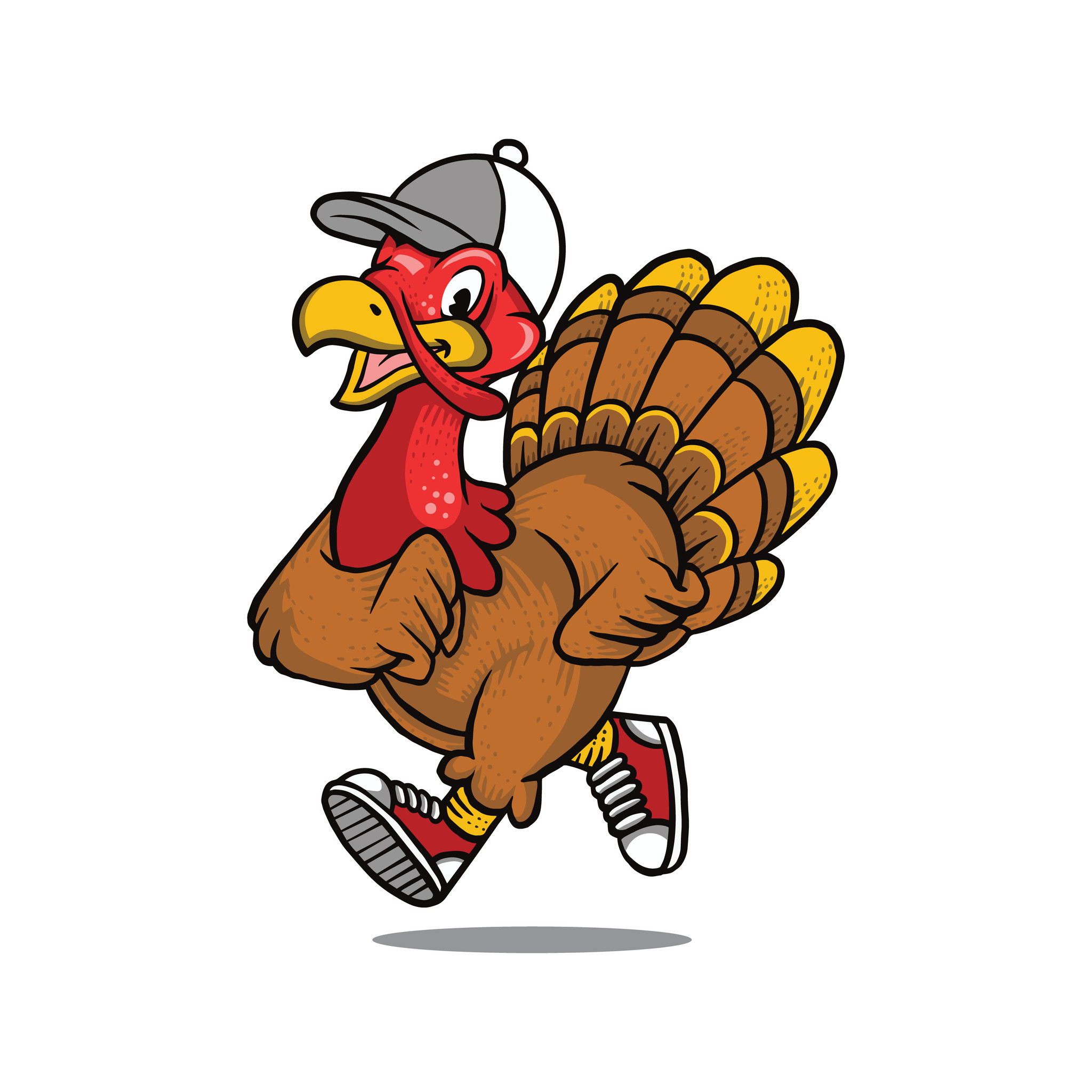 Cartoon turkey in baseball hat and sneakers running
